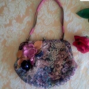 2000'sMoschino Floral Tapestry Shoulder Bag with Floral Appliques. Made In Italy